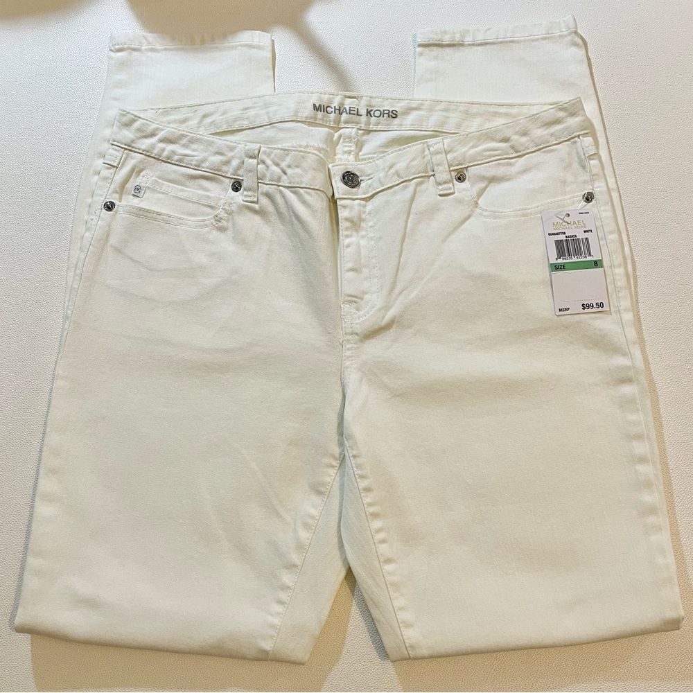 Michael Kors Jeans, Size 8, White with MK logo on back pocket with rhinestones